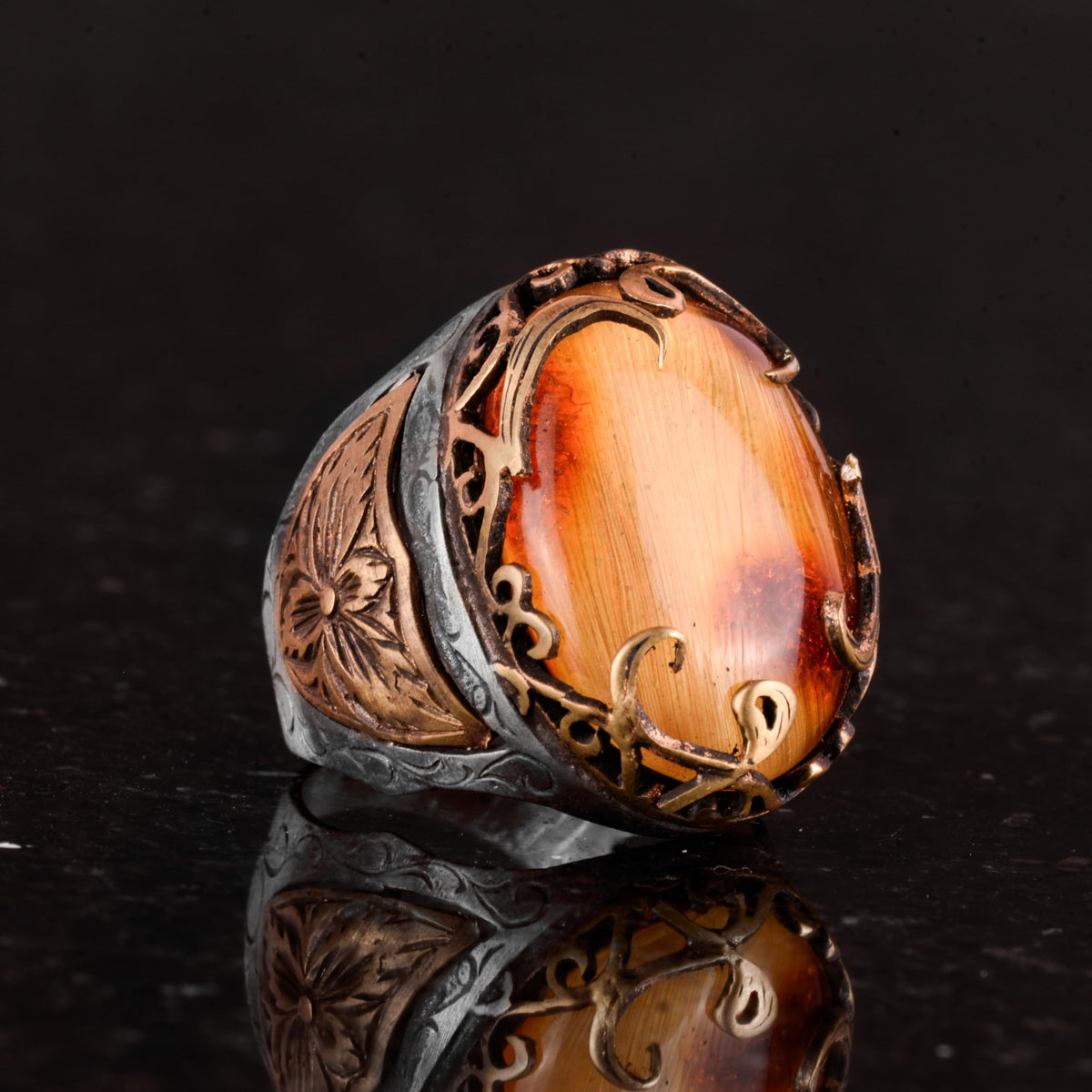925 Sterling Silver Men's Ring, Amber Stone — 4