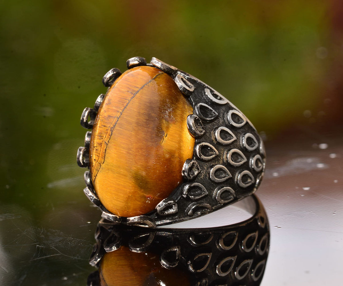 Natural Tiger Eye Stone Ring - 925 Sterling Silver Unisex Ring — 6