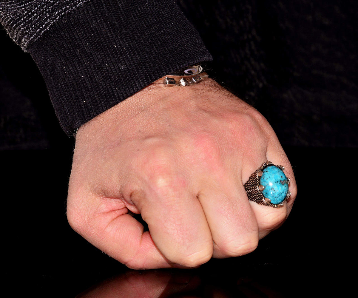 Silver Men's Ring - Arizona Turquoise Natural Stone - Hawk Claw Design (Style-3) — 6