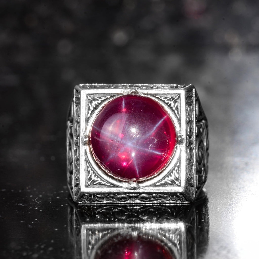 KAMBO Natural Round Stone Square Men's Ring 925 Sterling Silver – Ottoman Pattern Handmade Stone Ring (Star Ruby) — 4