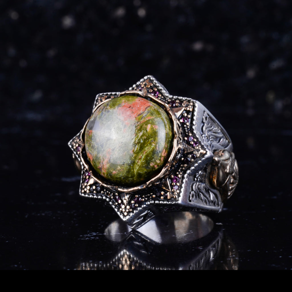 KAMBO Natural Unakite Stone Men's Ring – Star Shaped Large Ring – 925 Sterling Silver Handmade Statement Jewelry — 5
