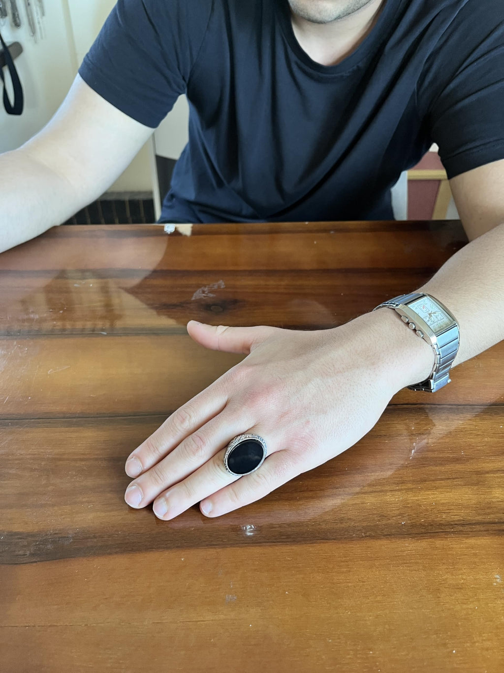 Natural Black Onyx Stone Large Men's Ring - Oval Onyx Stone Ring - 925 Sterling Silver Handmade Ottoman Floral Engraved Ring — 3