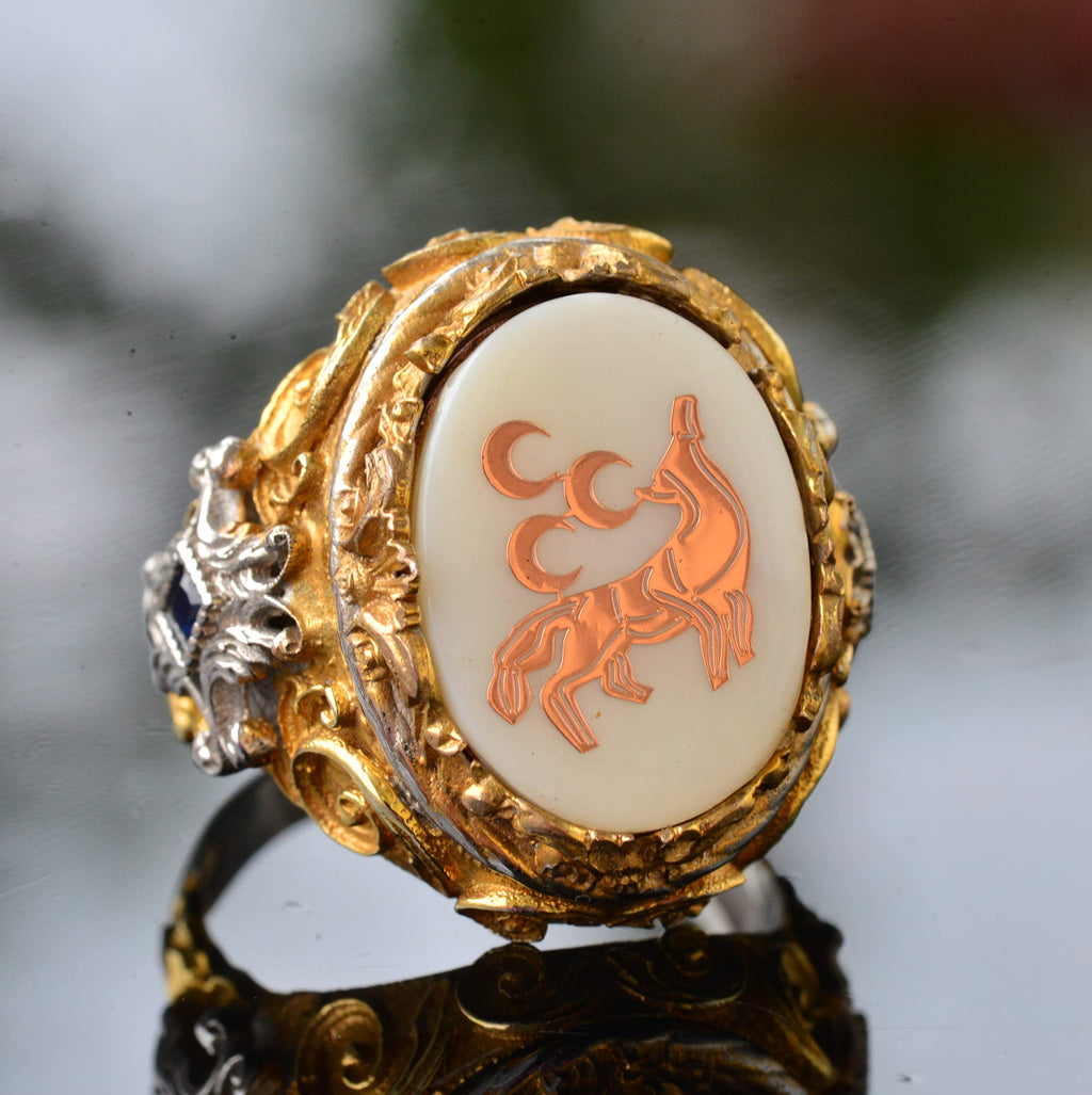 Men's Silver Ring - Natural Mother of Pearl Stone - Wolf Design — 3