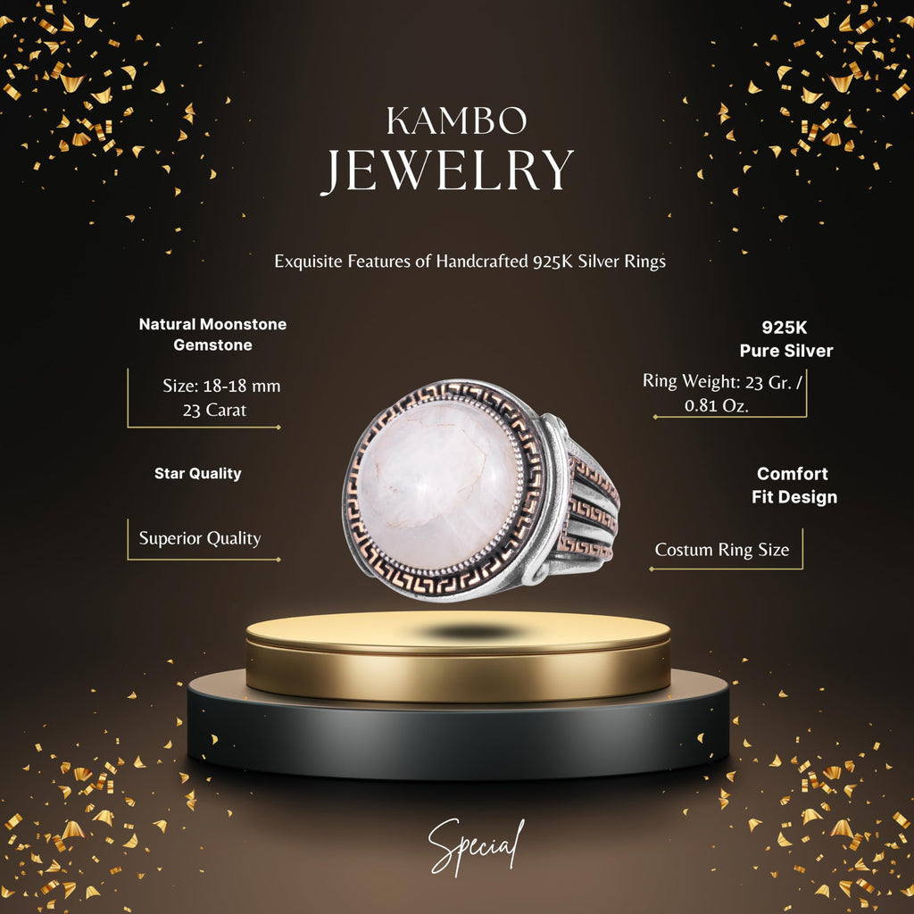 KAMBO Stone Round Men's Ring 925 Sterling Silver – Cabochon Handmade Vintage Greek Pattern Statement Ring (Moonstone) — 2