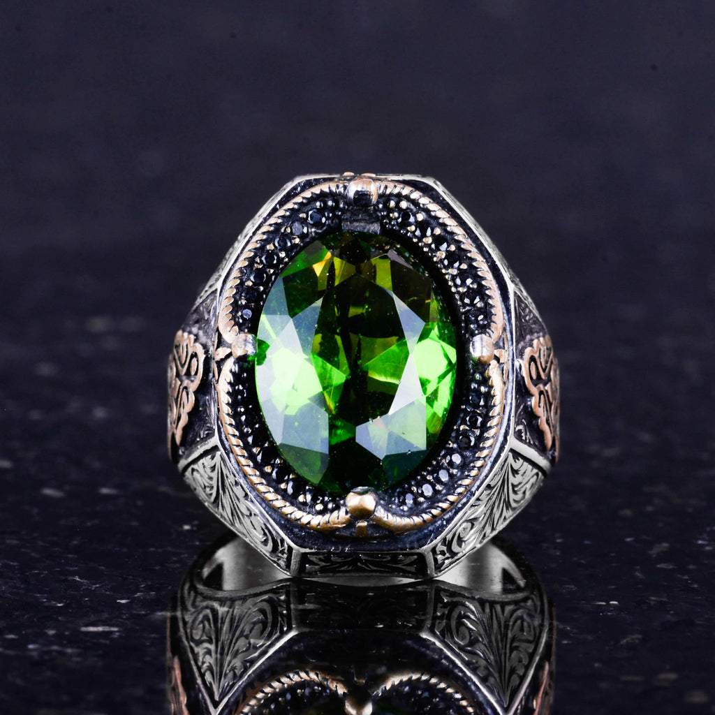 Green Synthetic Stone Ring, 925 Sterling Silver Design Ring, Silver Men's Ring — 4