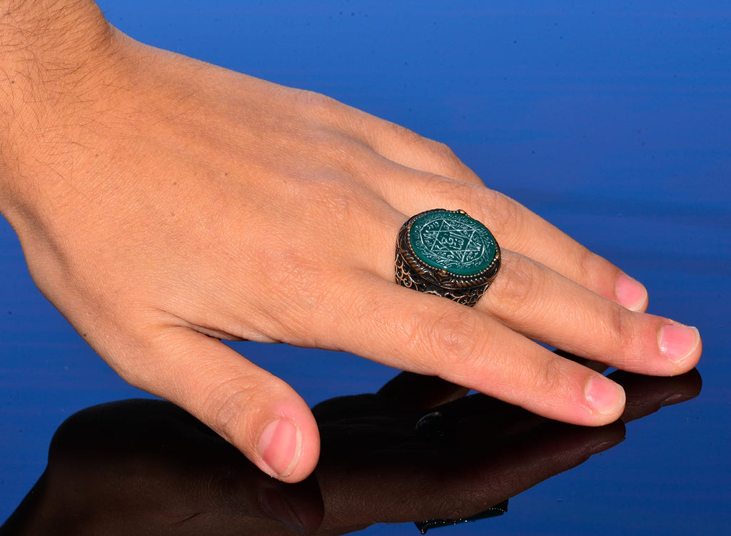 Handmade Solomon Seal Ring, Natural Green Onyx Stone, Islamic Men's Ring, 925 Sterling Silver — 6