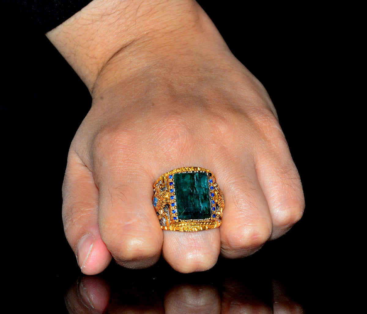 925 Sterling Silver Men's Ring, King Ring, Natural Rectangular Emerald Stone — 7