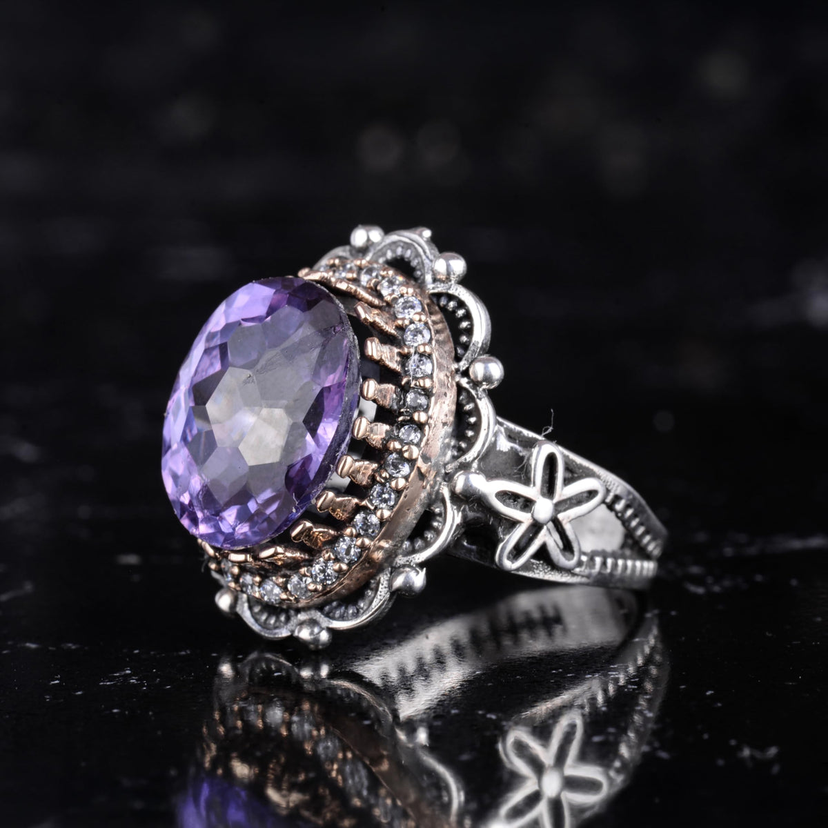 KAMBO Certified Alexandrite Women's Ring - 925 Sterling Silver Vintage Flower Ring - Handmade Purple Stone Statement Jewelry for Women — 4