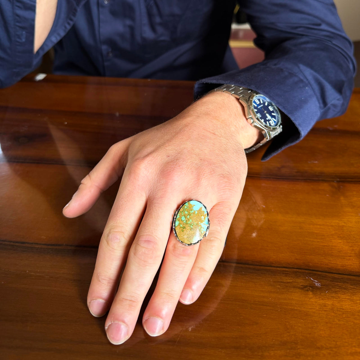 KAMBO Natural Turquoise Large Men's Ring 925 Sterling Silver Oval Statement Ring Raw Stone Vintage Handmade Ring (Turquoise-3) — 3
