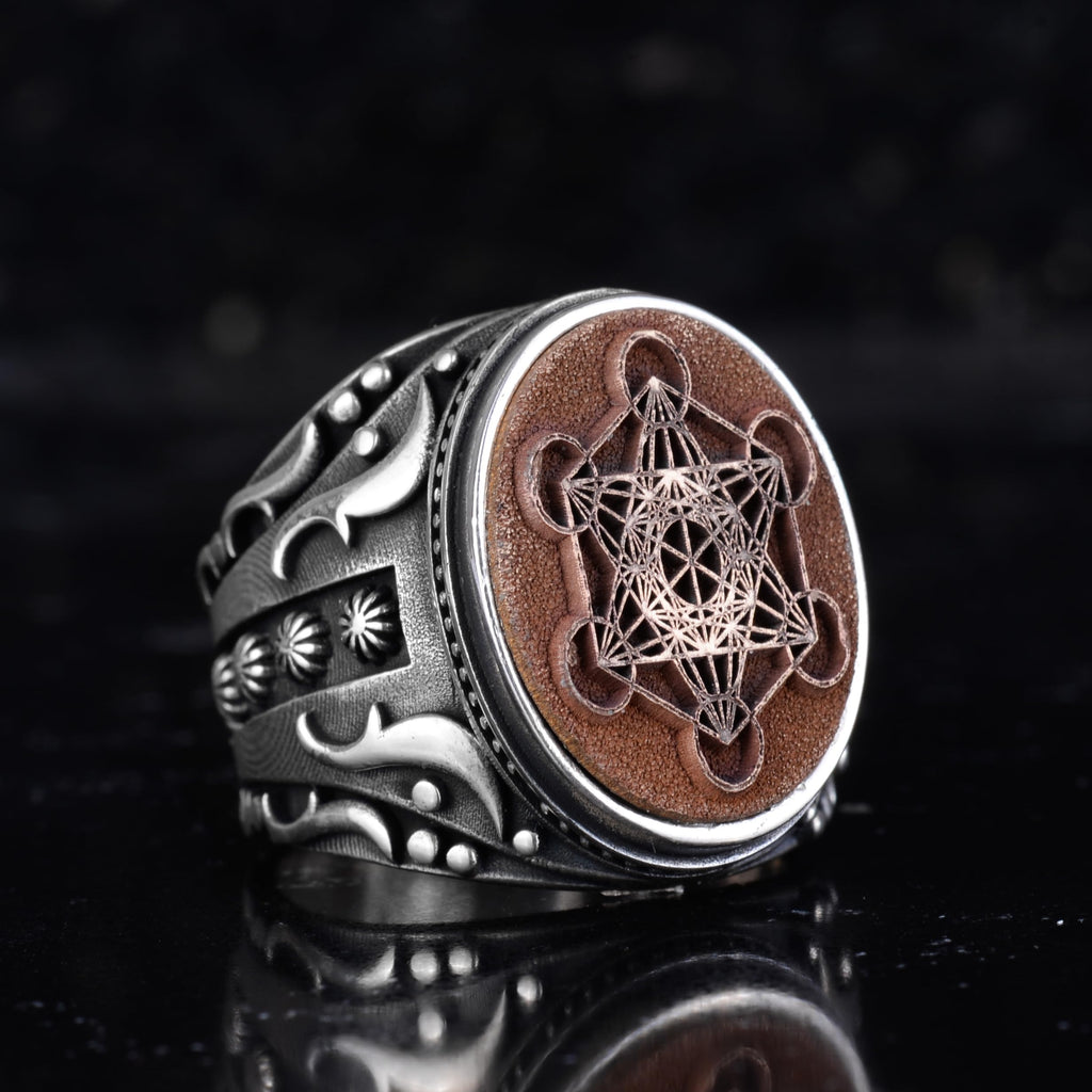 KAMBO Metatron Cube Men's Ring – 925 Sterling Silver Bronze Detail Sacred Geometry Ring – Handmade Symbolic Jewelry — 5