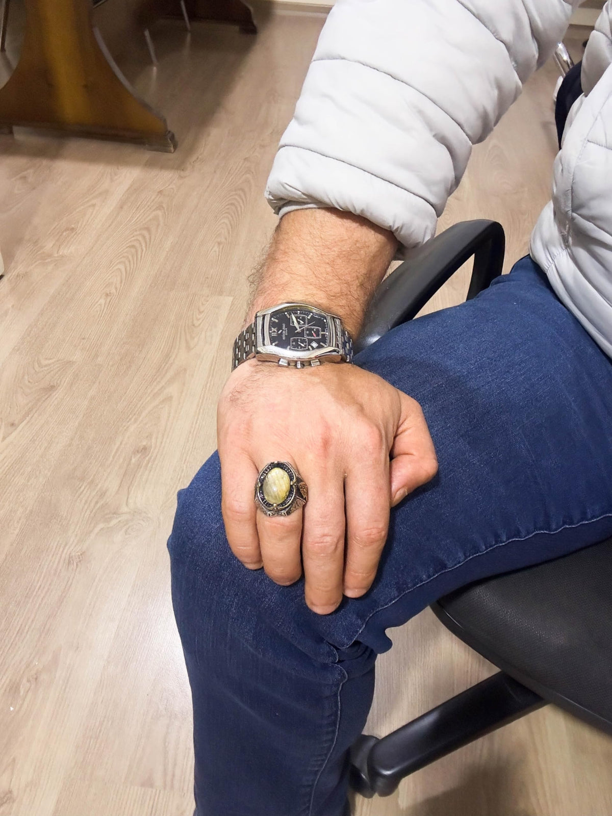 925 Sterling Silver Men's Ring - Natural Cabochon Gold Rutilated Quartz Stone Ring — 3