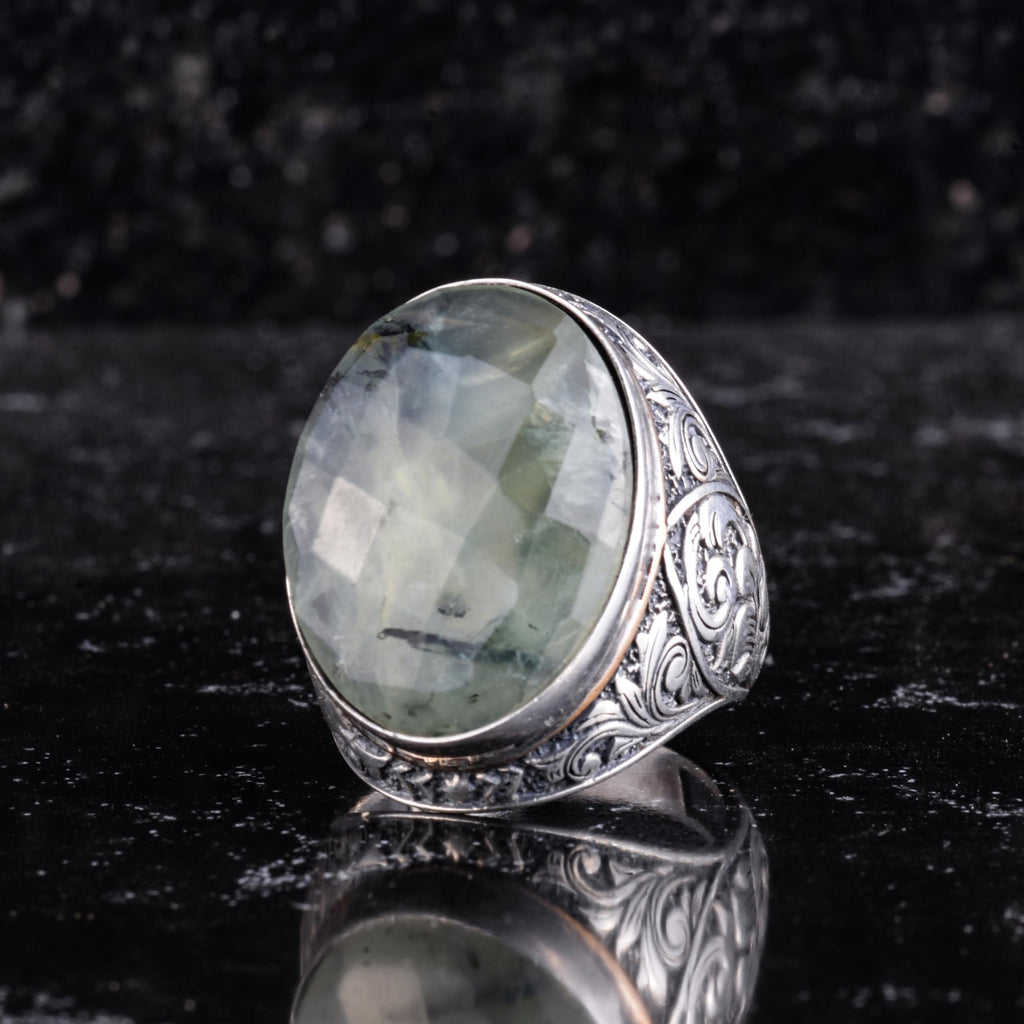 KAMBO Natural Prehnite Stone Large Men's Ring - Faceted Prehnite Stone Ring - Ottoman Floral Engraved Design 925 Sterling Silver Handmade Ring — 5