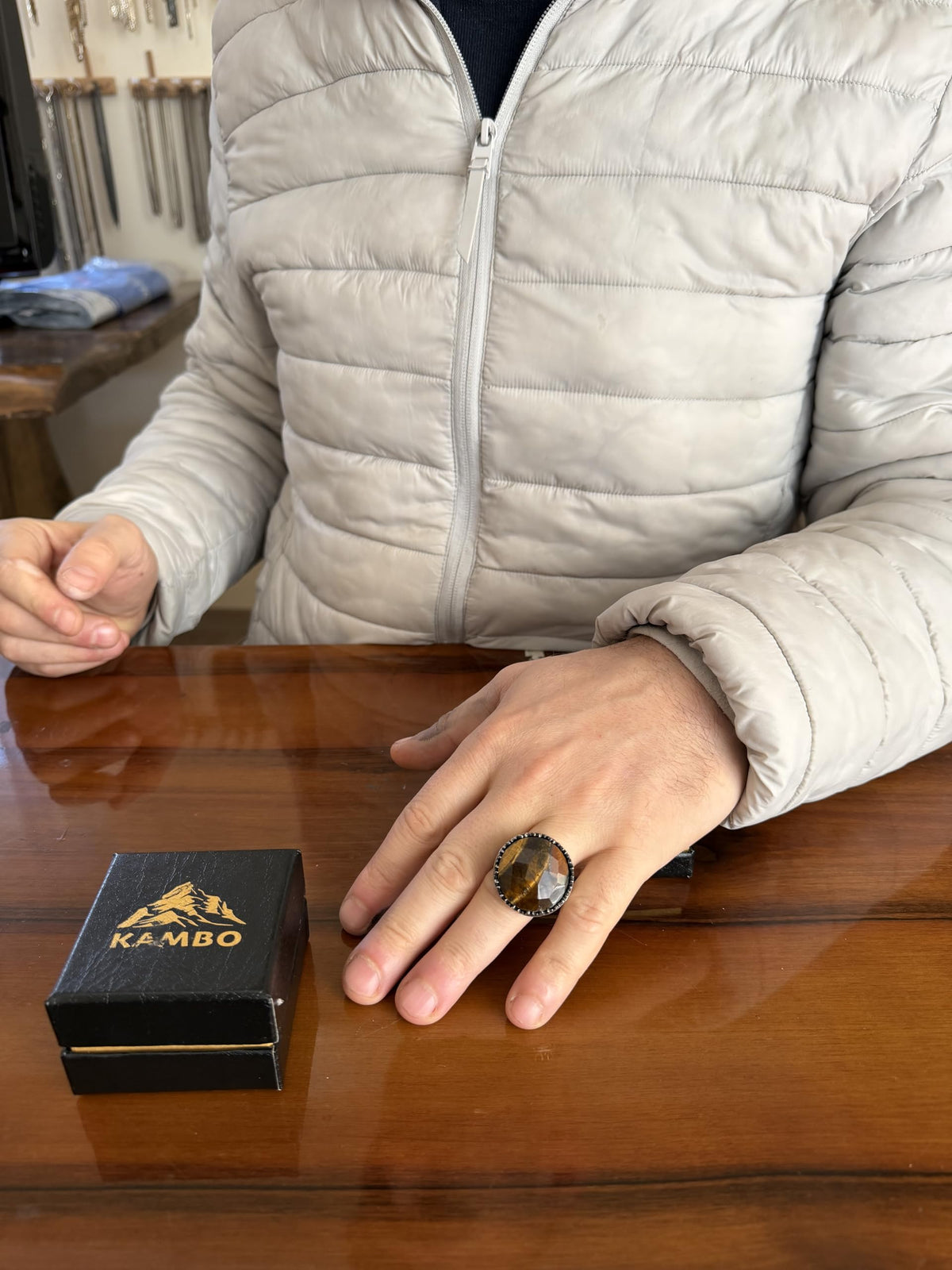 KAMBO Natural Stone Round Large Men's Ring – 925 Sterling Silver Handmade Ring – Statement Ring – Vintage Ottoman Style Men's Jewelry (Tiger's Eye) — 3