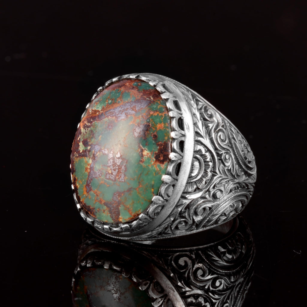 KAMBO Handmade 925 Sterling Silver Turquoise Ring for Men - Genuine Arizona Turquoise Gemstone, Vintage Elegant Style-2 