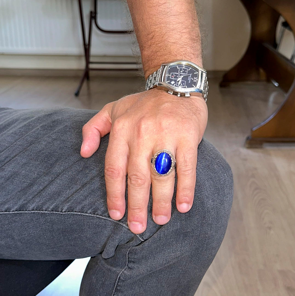 Artificial Stone Ring - Handcrafted Men's Ring - Stylish 925 Sterling Silver Men's Ring (Artificial Blue Cat's Eye) — 3