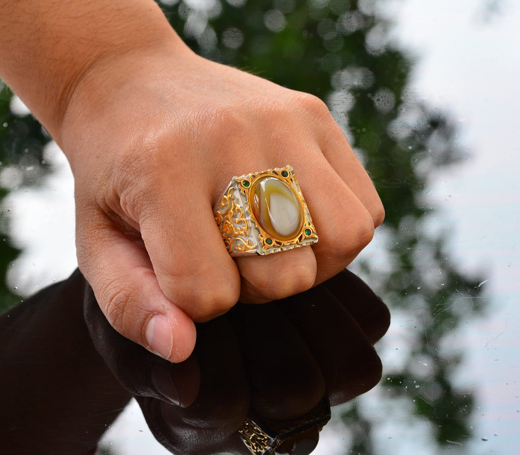 Natural Mother of Pearl Stone Men's Ring, Handmade Gold Carving Design, 925 Sterling Silver Ring — 7