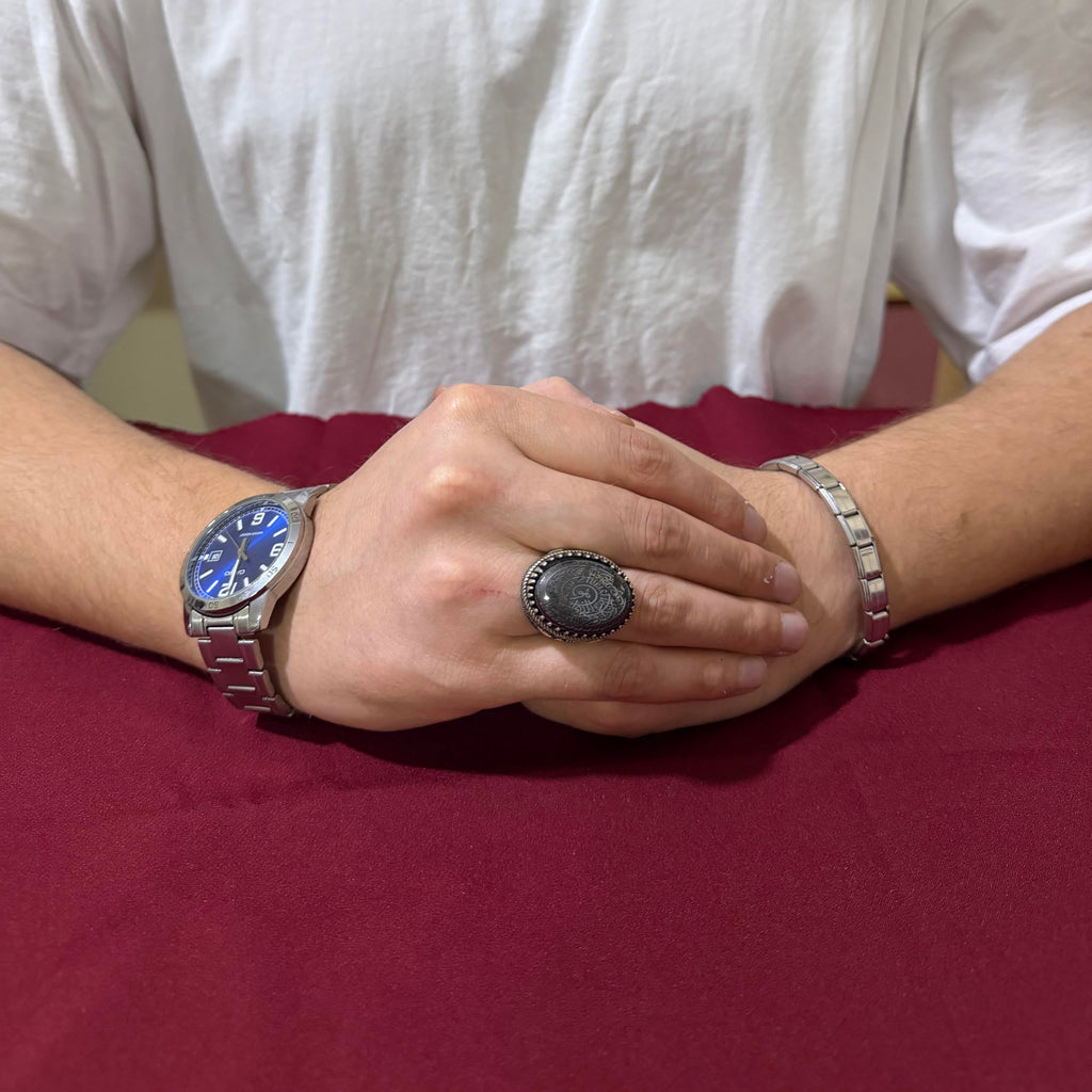 KAMBO Natural Hematite Stone Ring – 925 Sterling Silver Ottoman Tugra Design – Islamic Men's Statement Ring (Allah Arabic Calligraphy) — 3