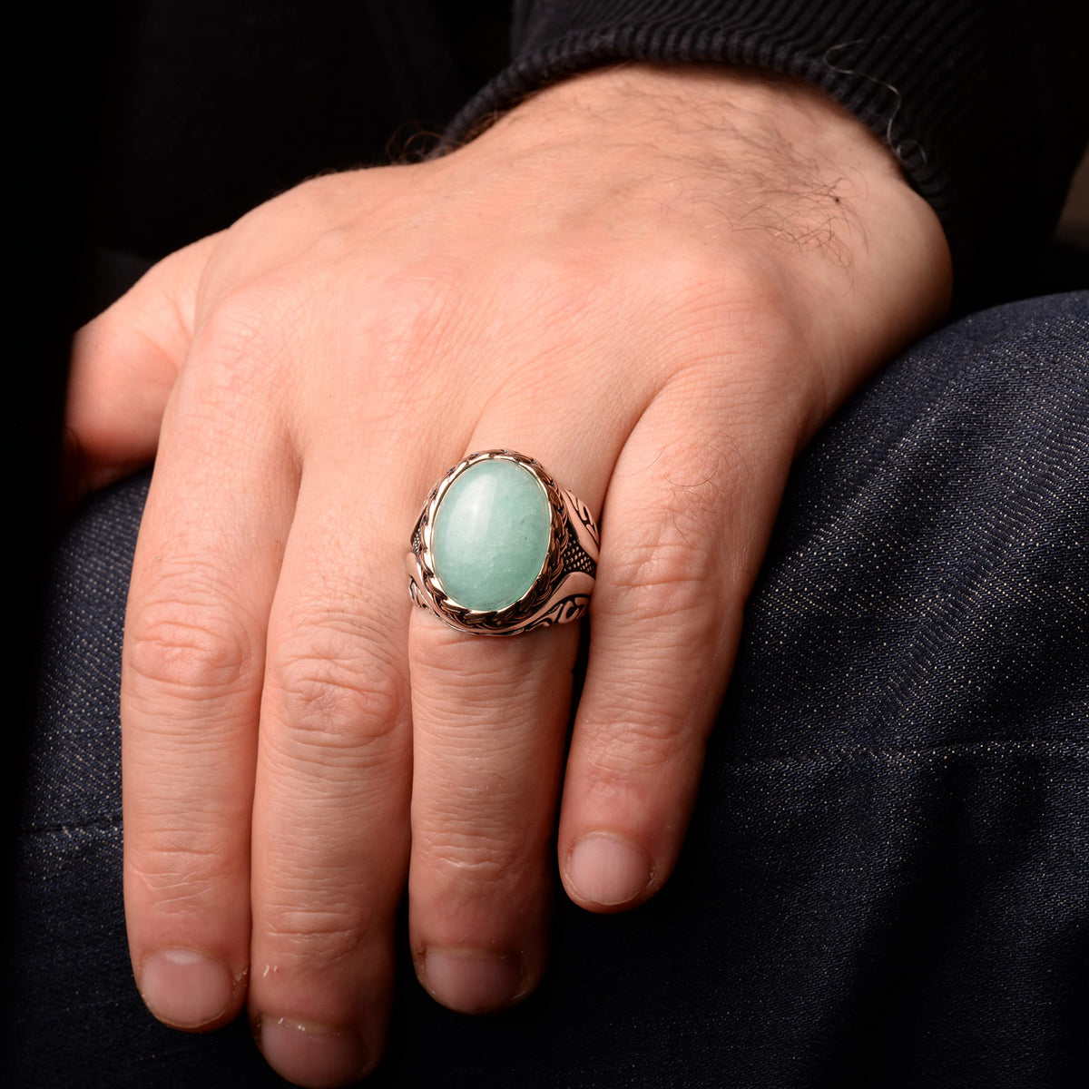 Natural Amazonite Stone Ring - 925 Sterling Silver Men's Ring — 7