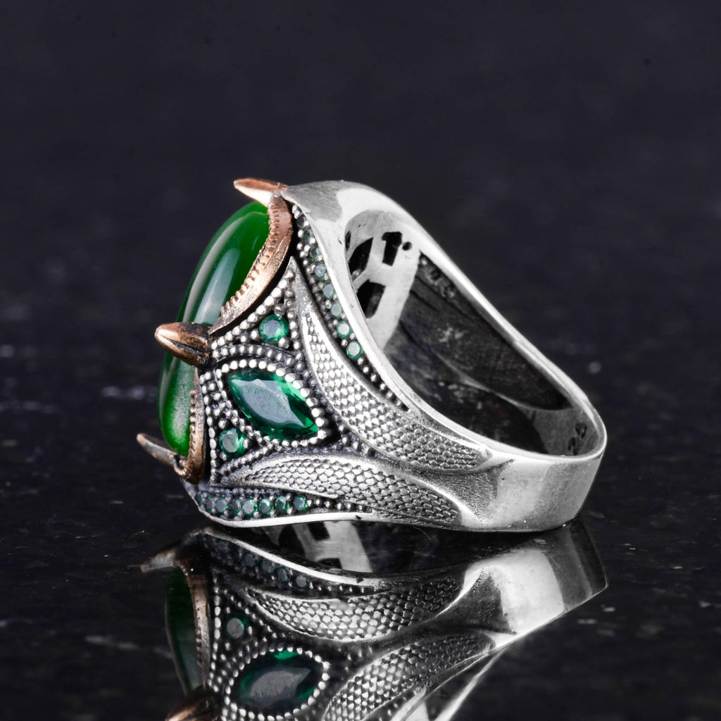 Kambo Synthetic Green Cat's Eye Stone Ring – 925 Sterling Silver Handmade Jewelry — 7
