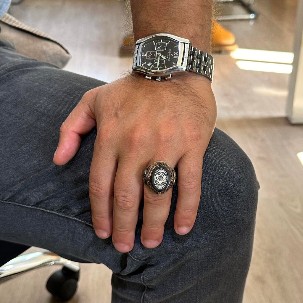 Silver Men's Ring - Onyx Stone - Solomon Seal Symbol, Courage and Vitality Symbol - Handmade Ring — 6