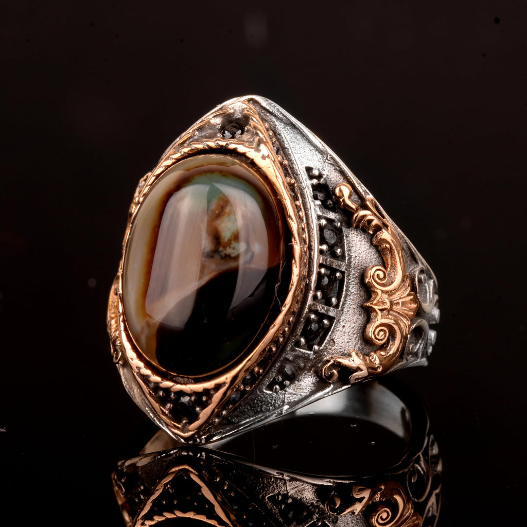 Silver Men's Ring, Natural Agate Stone Ring — 4