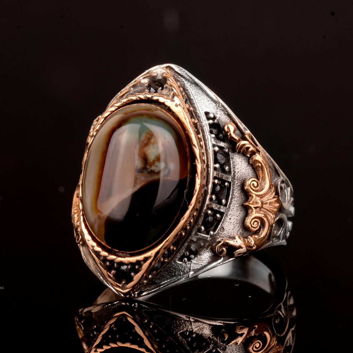 Silver Men's Ring, Natural Agate Stone Ring — 4