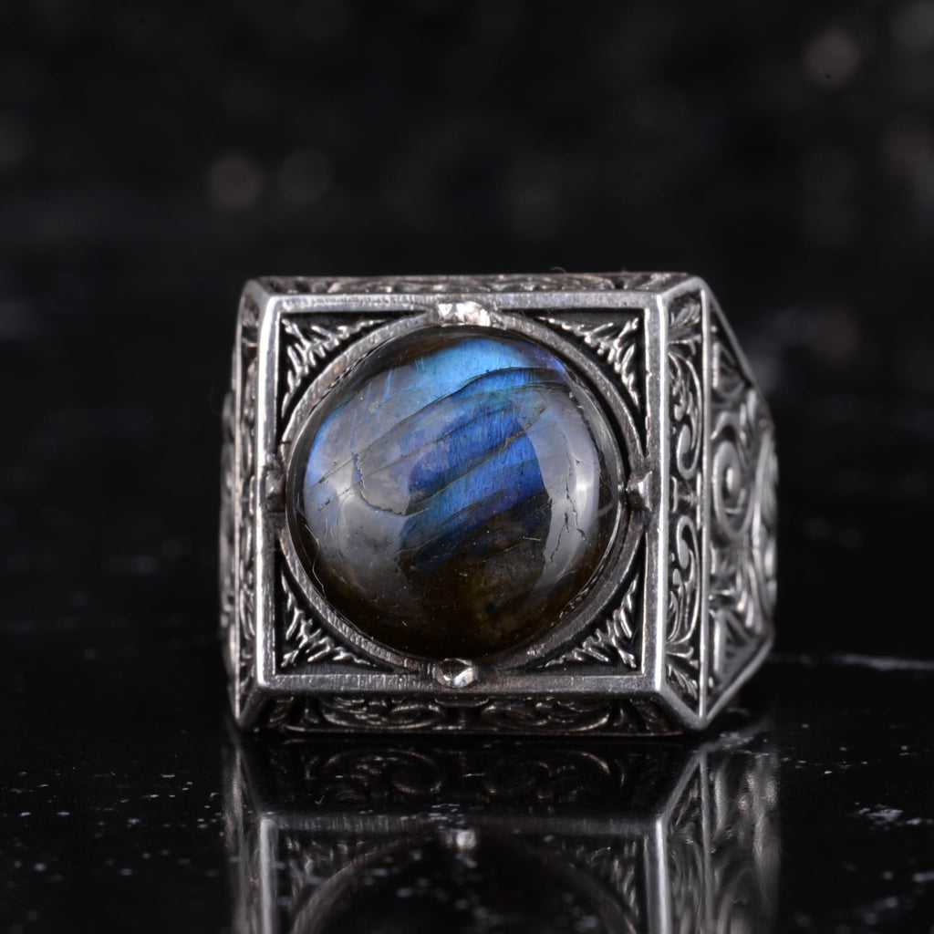 KAMBO Natural Round Stone Square Men's Ring 925 Sterling Silver – Ottoman Pattern Handmade Stone Ring (Blue Flash Labradorite) — 3