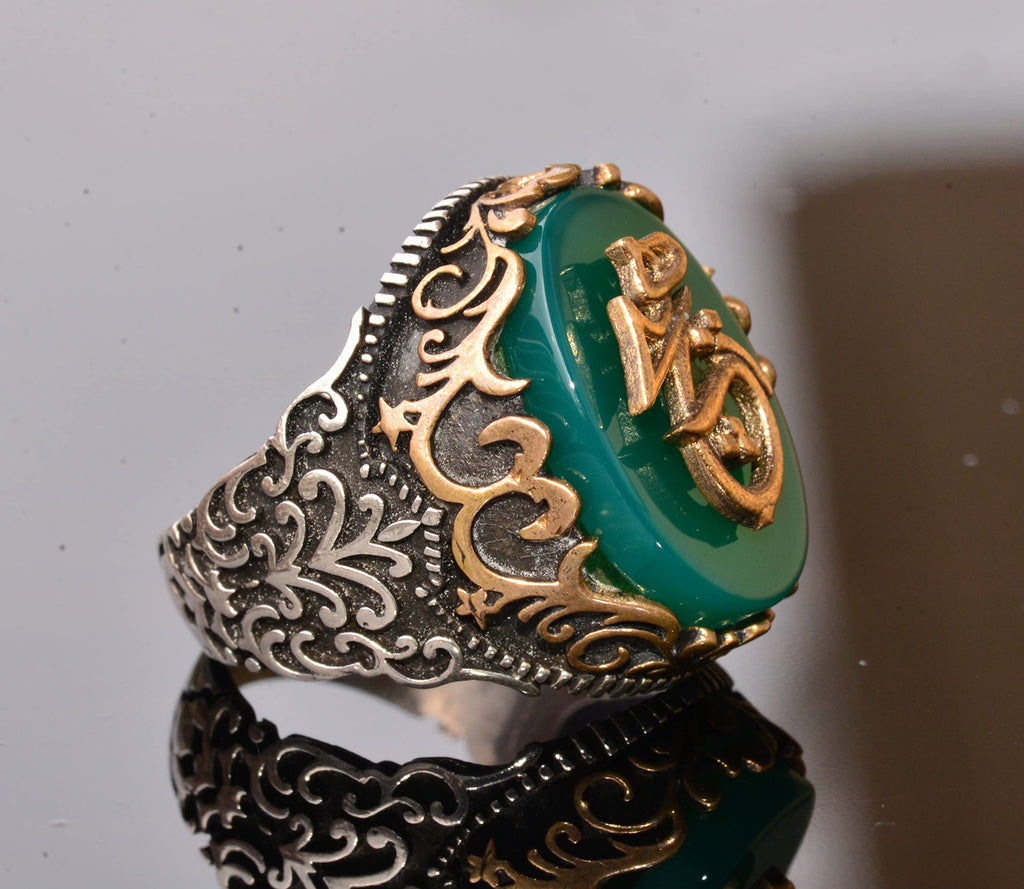 925 Sterling Silver Ring - Symbols Ring - Green Woodstone Ring — 4