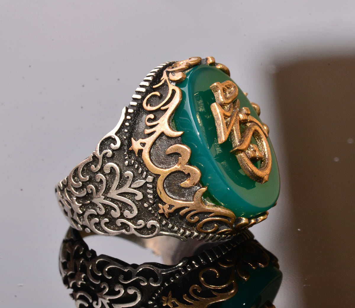 925 Sterling Silver Ring - Symbols Ring - Green Woodstone Ring — 4
