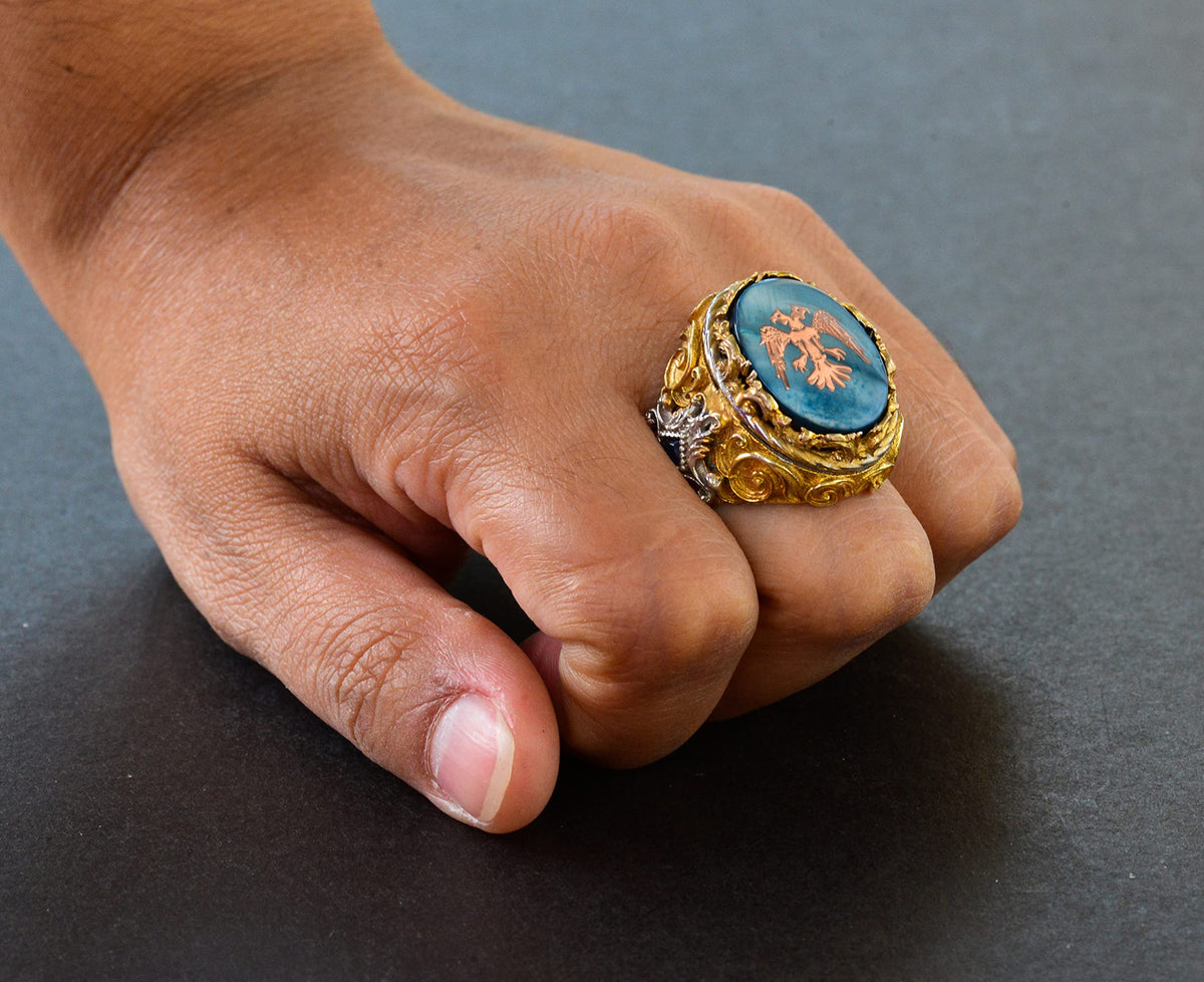 Men's Silver Two Headed Eagle Ring - Albanian Eagle Design, Gold Plated — 7