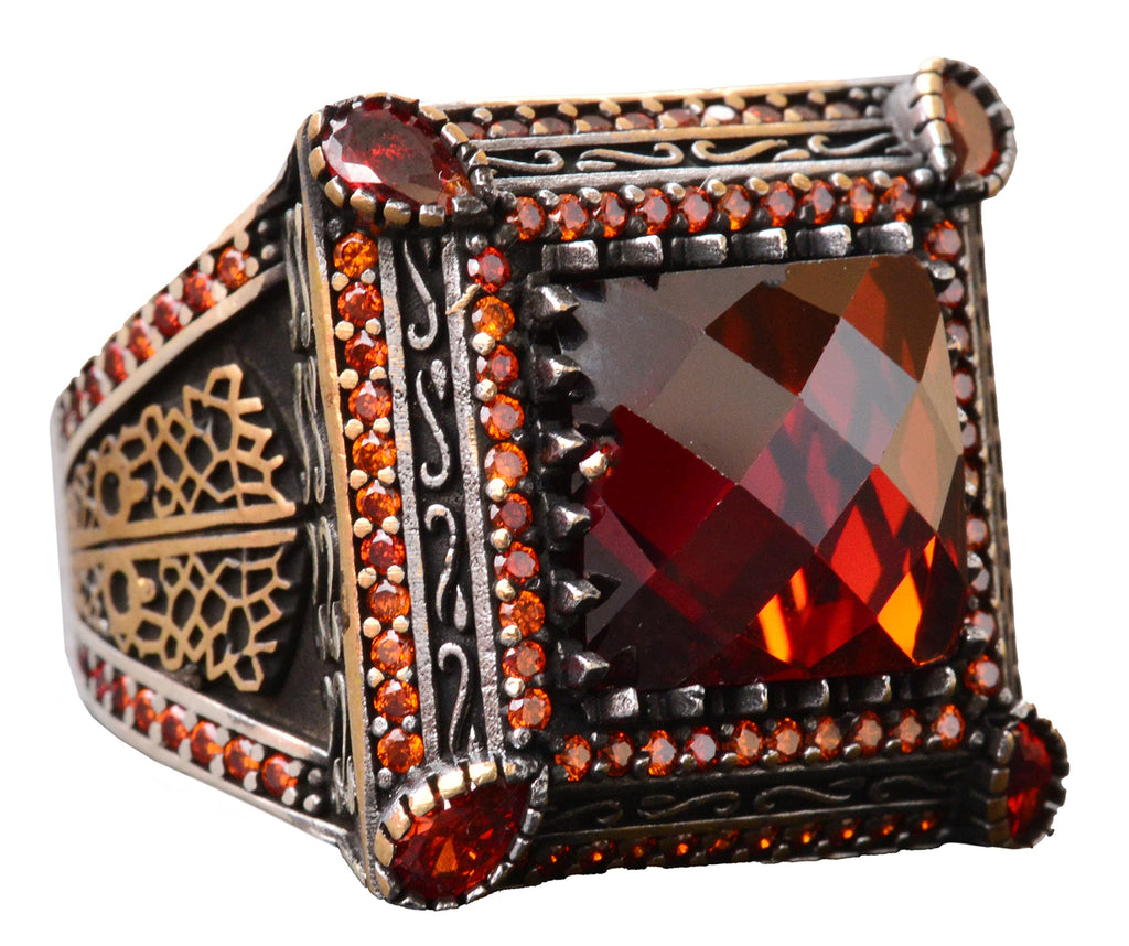 925K Solid Silver Ring, Square Red Zircon Stone Ring, Unique Ring, Men's Ring