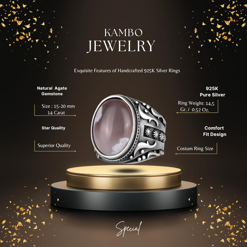 KAMBO Men's Natural Agate Ring – 925 Sterling Silver Flower Pattern Ring – Men's Handmade Vintage Style Statement Ring (Agate-7) — 2