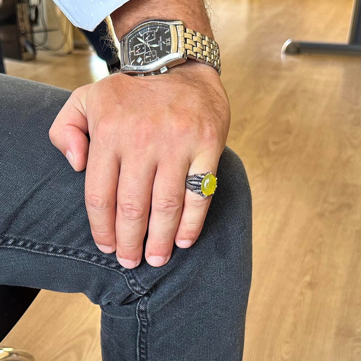 925 Sterling Silver Claw Ring with Natural Yellow Agate Stone — 3