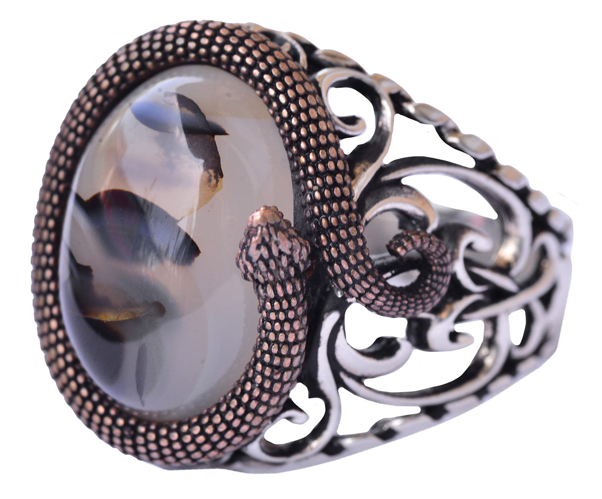 Natural Yemen Agate Stone, Snake Ring, Handmade Ring, Silver Men's Ring, Gift for Him, Silver Accessory Brown
