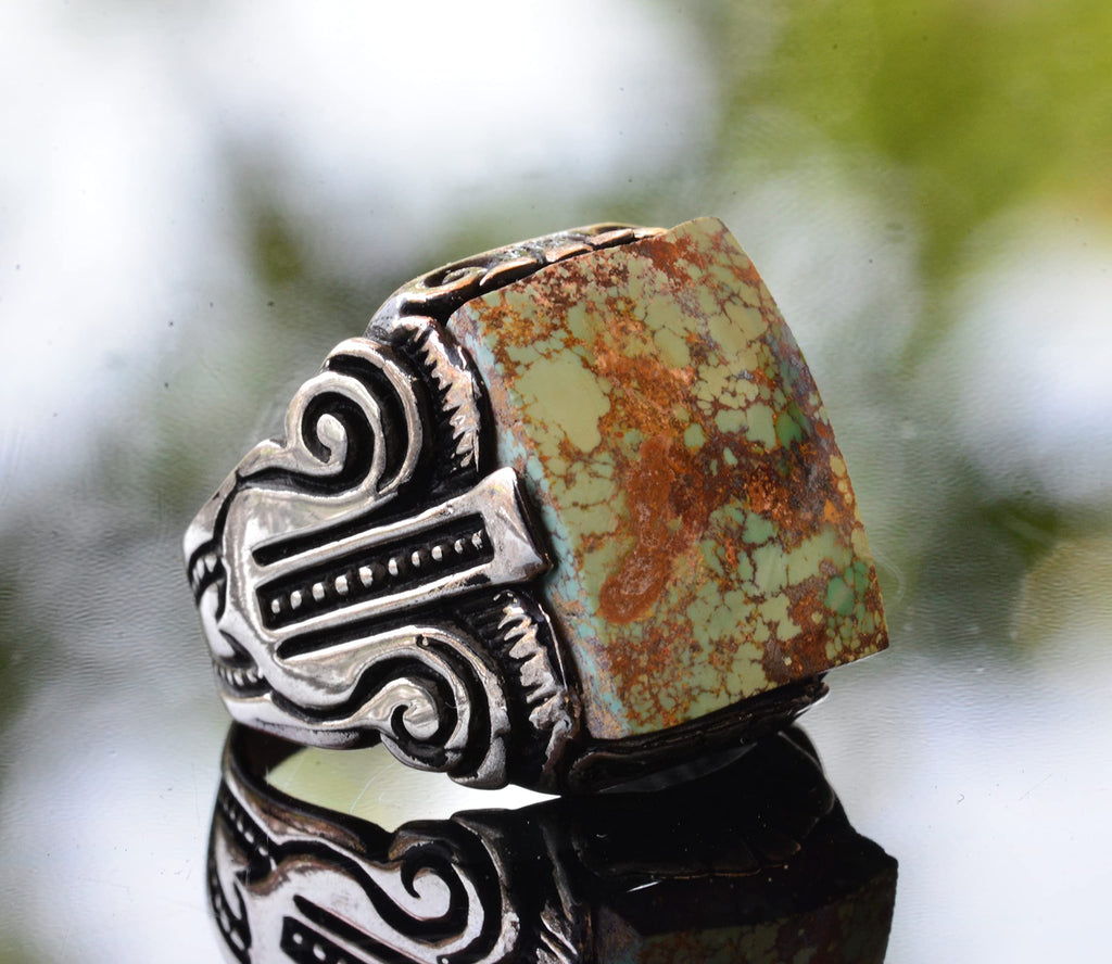 KAMBO Handmade 925 Sterling Silver Men's Ring with Natural Green Turquoise Gemstone, Vintage Statement Jewelry, Bold Des