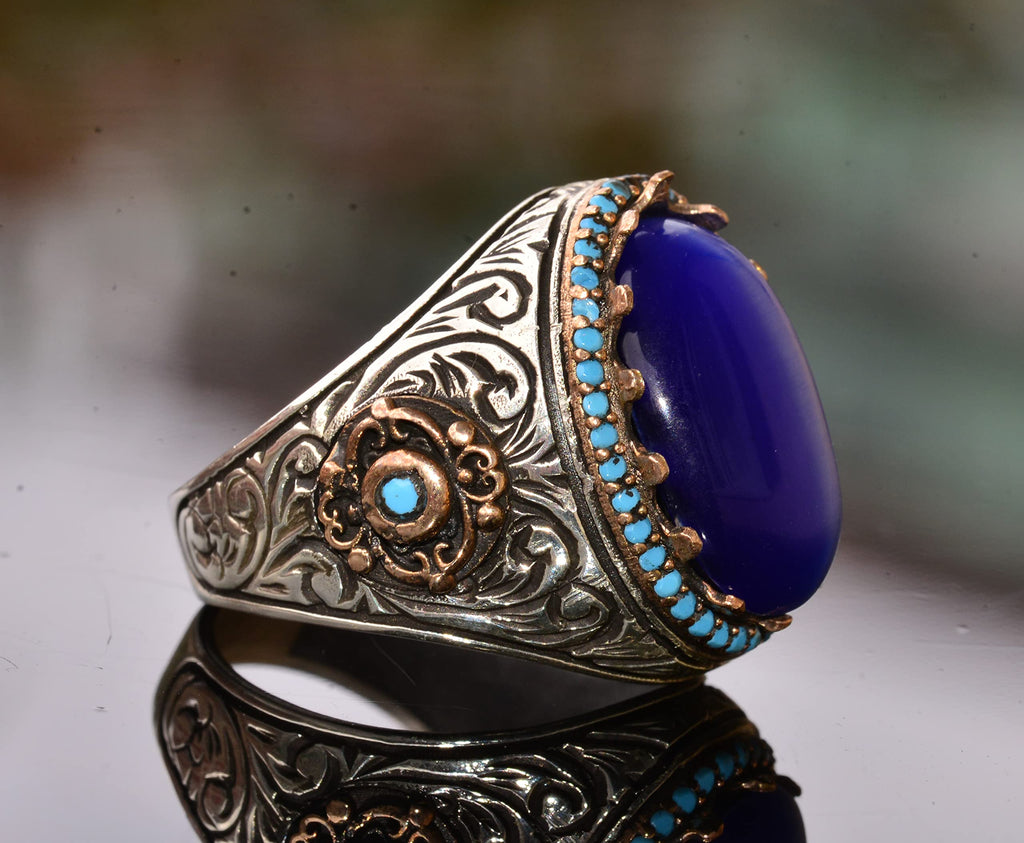 KAMBO Handmade 925 Sterling Silver Unisex King Ring with Blue Cats Eye Stone, Vintage Art Deco Design, Statement Jewelry