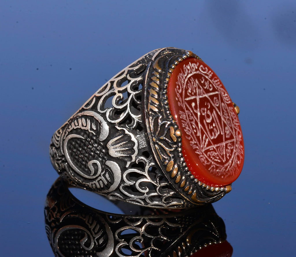 Handcrafted Solomon's Seal Ring, Genuine Red Agate Stone, Islamic Men's Ring, 925 Sterling Silver — 4