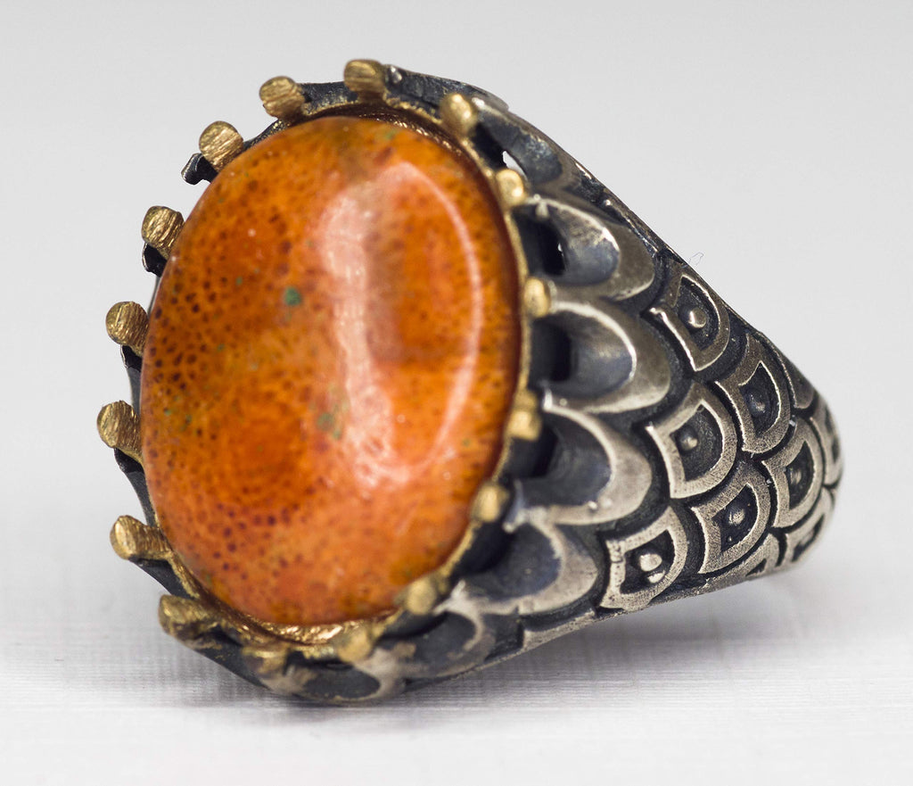 Unisex 925 Sterling Silver Ring with Natural Red Coral Gemstone — 6