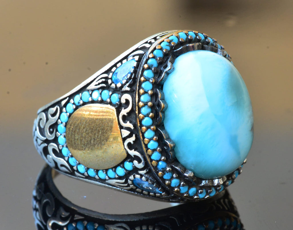 Natural Larimar Stone Handmade Ring - Silver Men's Ring, Silver Accessory — 4