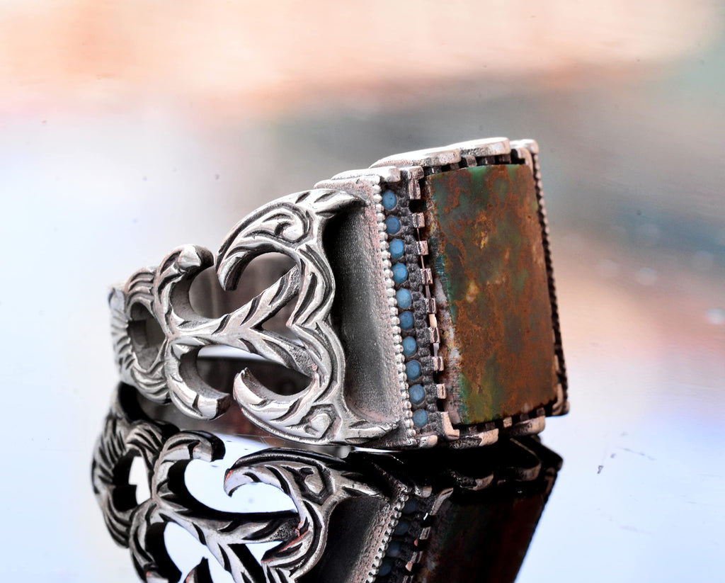 KAMBO Genuine Arizona Turquoise Men's Ring - Handcrafted 925 Sterling Silver - Unique Vintage Design - Authentic Gemston