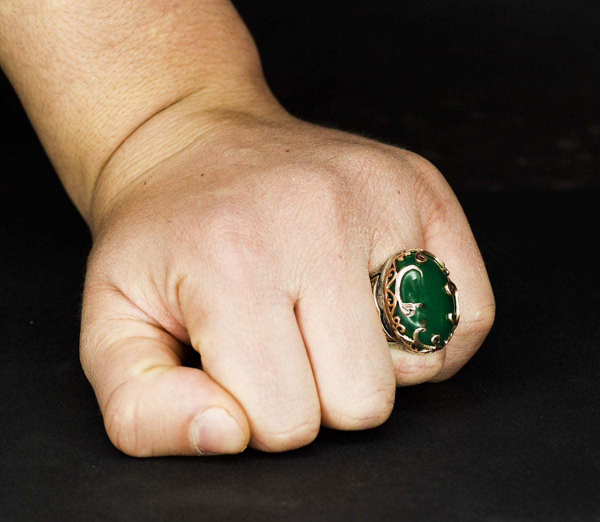 Natural Jade Stone Ring - Middle Eastern Pattern Men's Ring - 925 Sterling Silver — 5