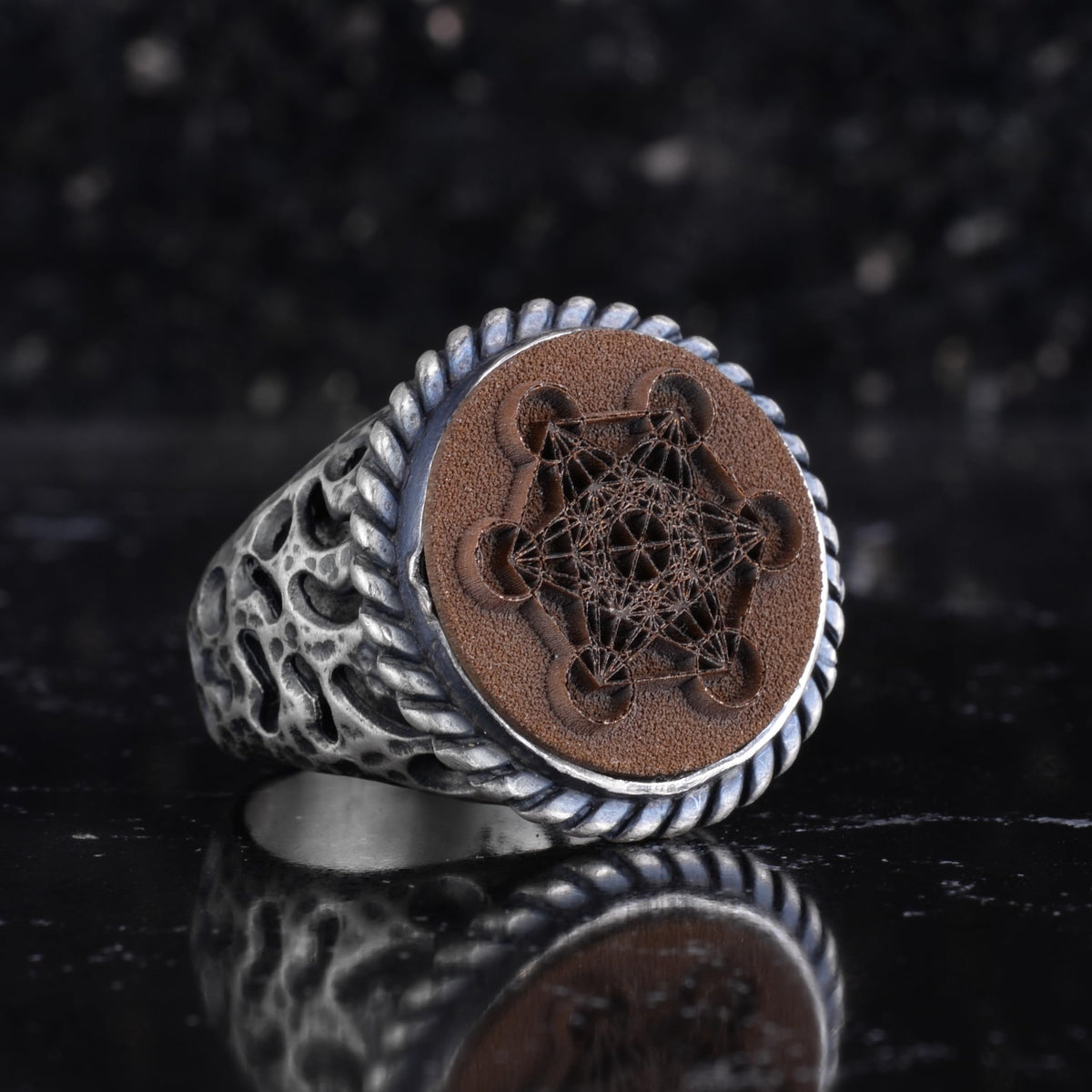 KAMBO Bronze Seal Round Men's Ring 925 Sterling Silver – Vintage Statement Ring (Metatron Cube) — 6