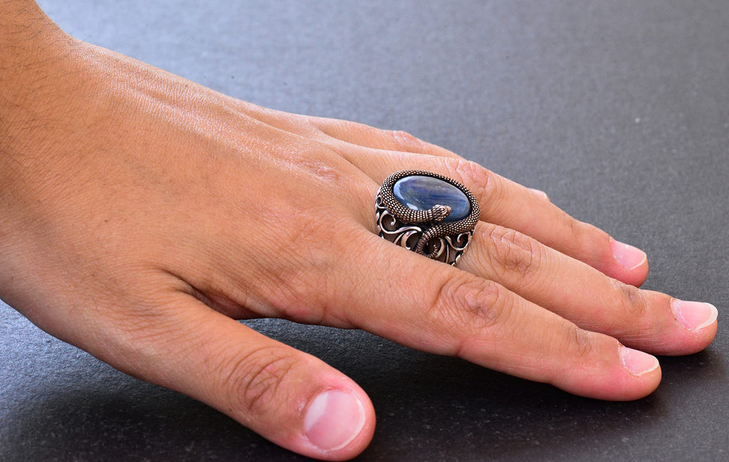 925 Sterling Silver Men's Ring with Natural Stone - Handmade Elegance (Kyanite Stone) — 6