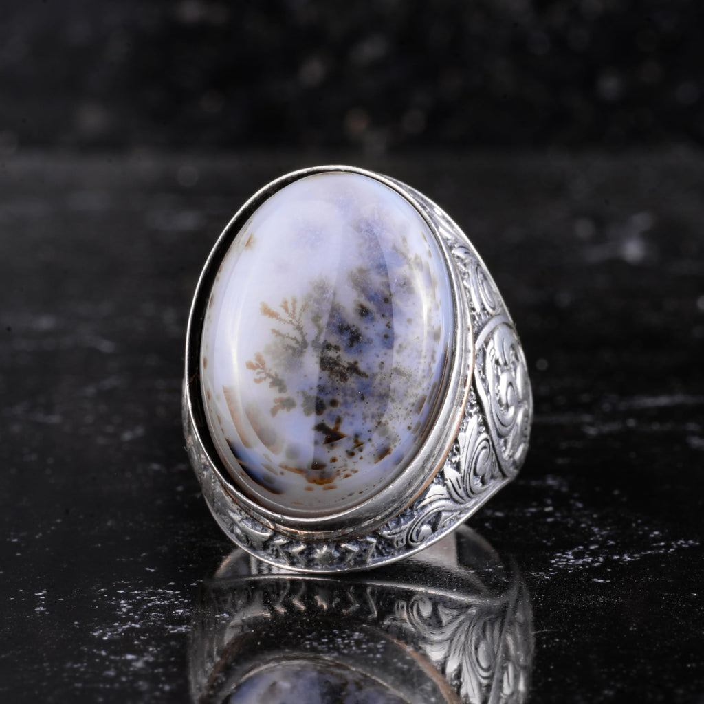 KAMBO Natural Yemen Agate Large Men's Ring - Dendritic Aqeeq Stone Ring - Oval Stone Vintage Floral Engraved Statement Ring - 925 Sterling Silver Handmade Men's Jewelry — 4
