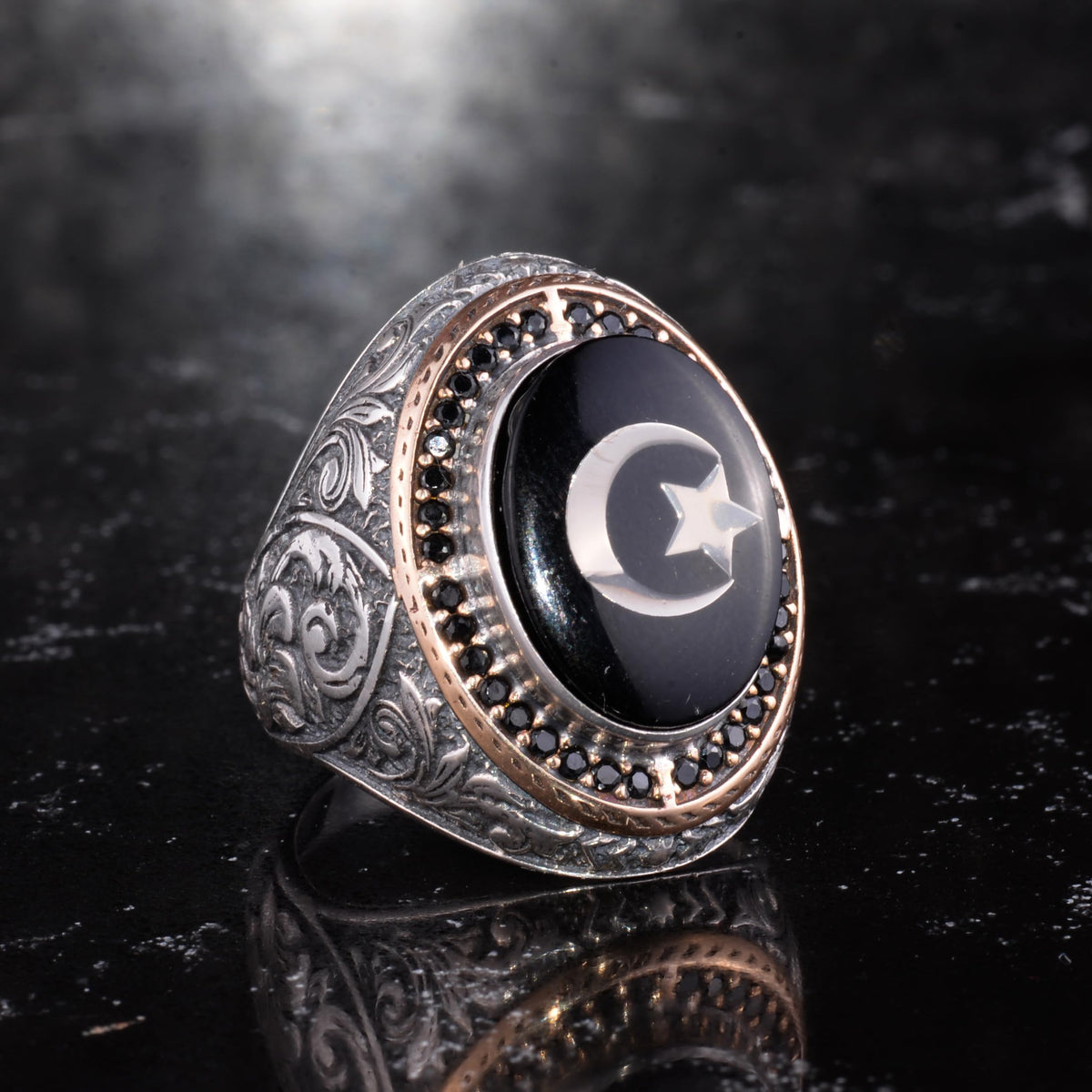 Men's Natural Stone Large Ring – Oval Stone Vintage Byzantine Engraved Statement Ring - Antique Filigree 925 Sterling Silver Jewelry (Turkish Crescent Star Onyx) — 6