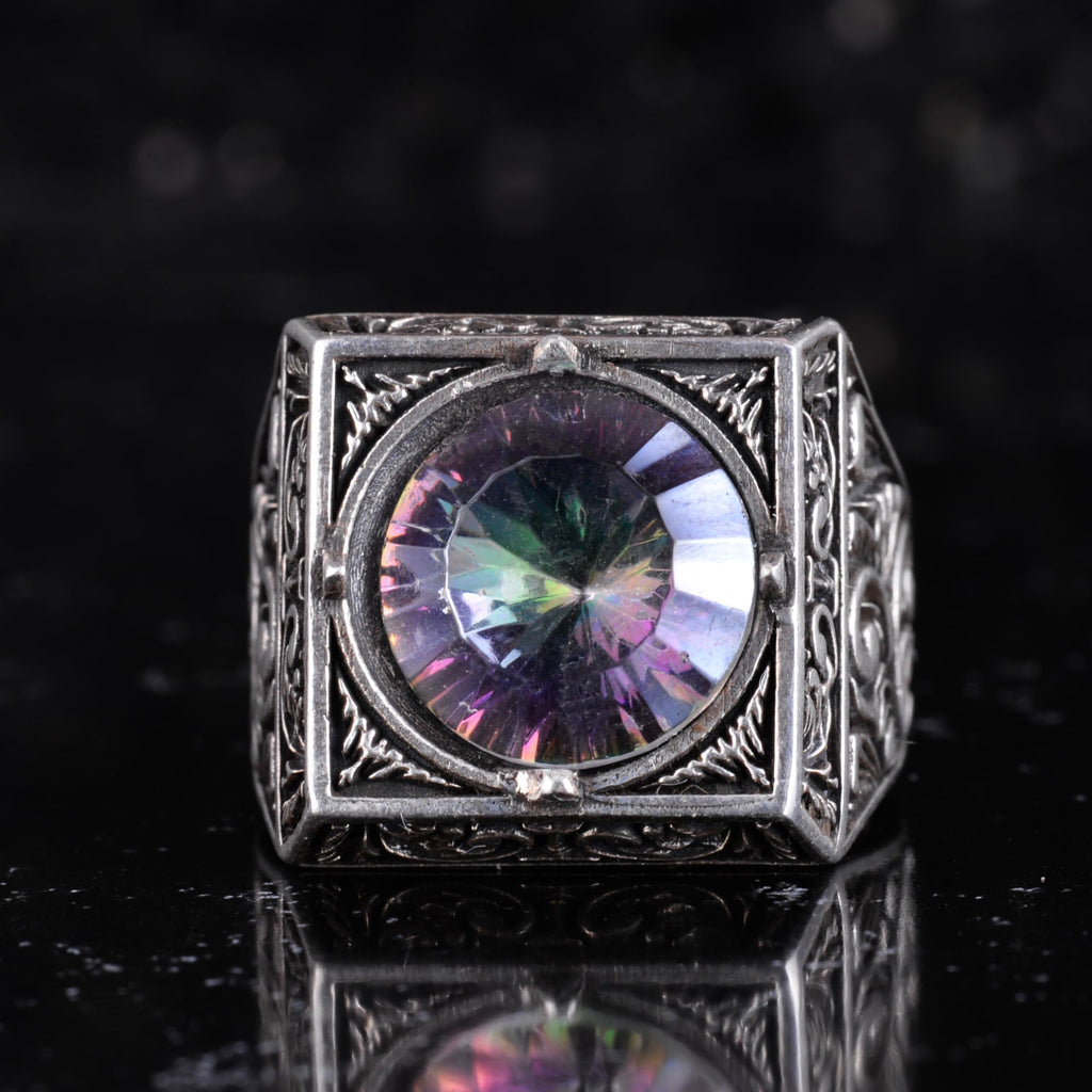 KAMBO Natural Round Stone Square Men's Ring 925 Sterling Silver – Ottoman Pattern Handmade Stone Ring (Mystic Topaz) — 4