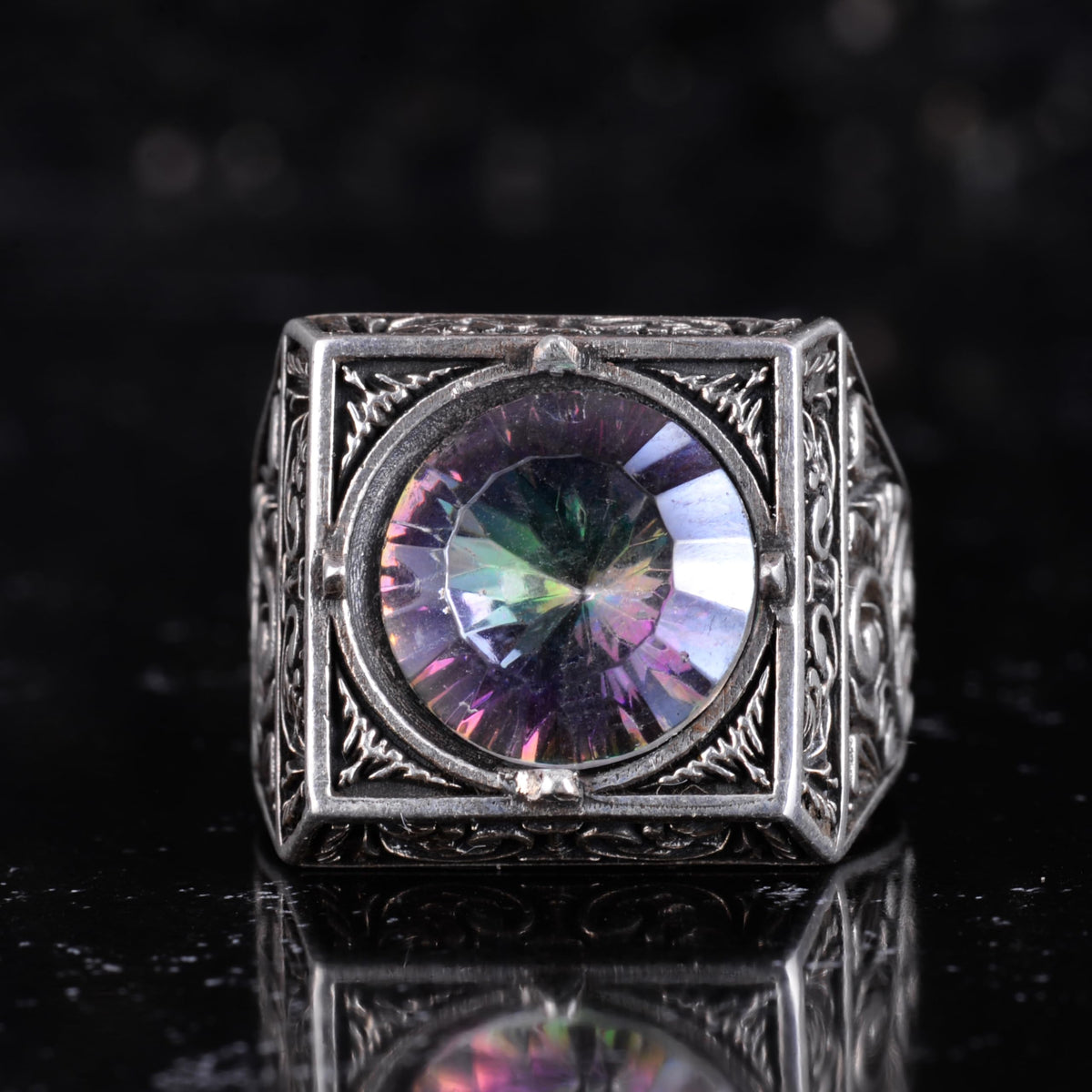 KAMBO Natural Round Stone Square Men's Ring 925 Sterling Silver – Ottoman Pattern Handmade Stone Ring (Mystic Topaz) — 4