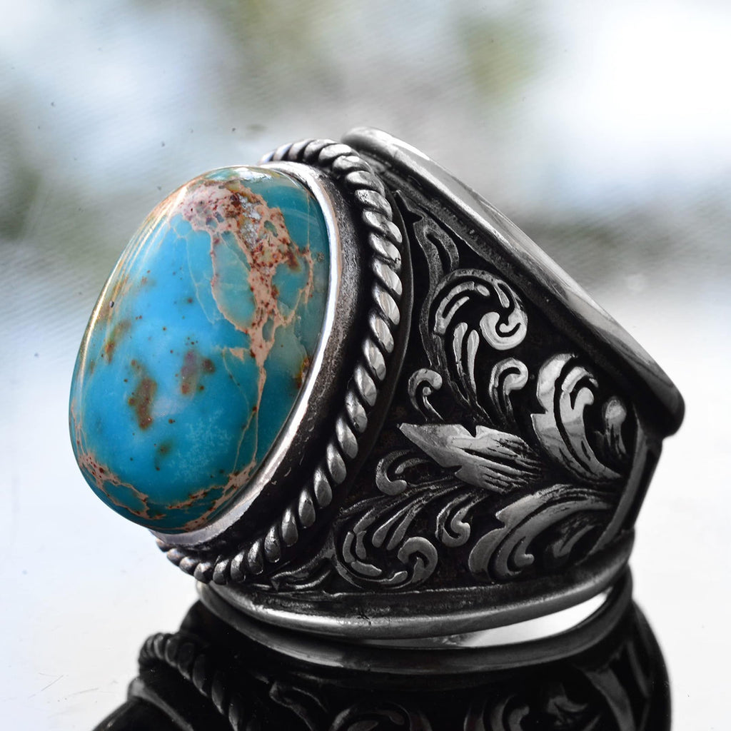 Natural Blue Jasper Stone Large Lily Pattern Silver Men's Ring — 4