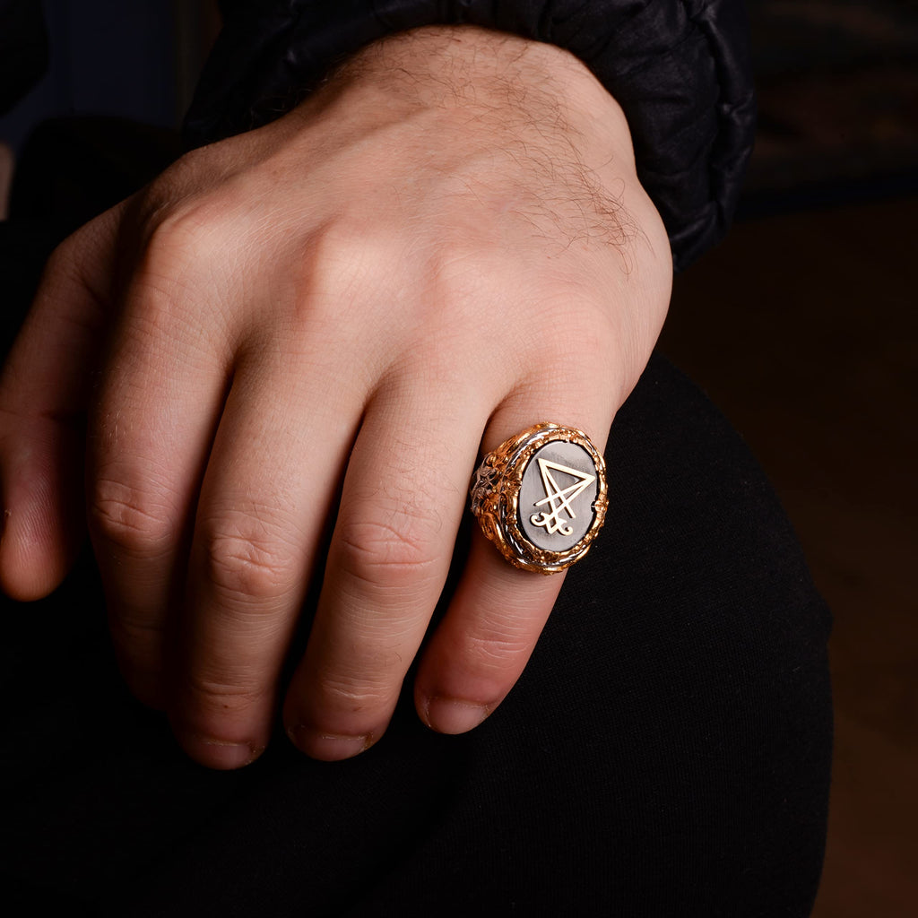 Handmade Onyx Ring - 925K Solid Silver Men's Gold Plated Ring (Satanic) — 7