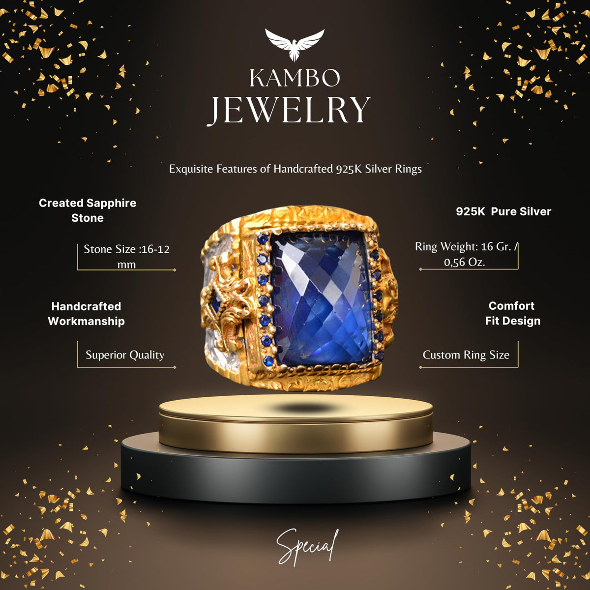 Handmade Zircon Stone Gold Plated Silver Men's Ring - Symbol of Wisdom and Sovereignty — 2